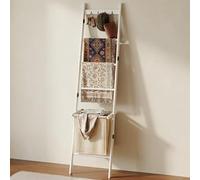 BAMBANG Scaletta per coperte con cestino, porta coperte a 5 ripiani, porta asciugamani con 4 ganci per soggiorno, mensola decorativa a scala con cestino, bambù bianco