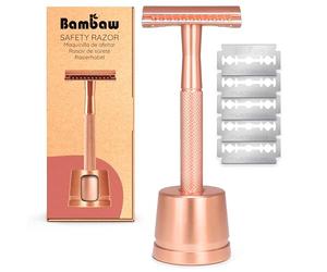 Bambaw Rasoio di Sicurezza Donna con Supporto e 5 Lamette Rasoio Sicurezza in Acciaio Inox Svedese, Realizzato in Metallo Senza Plastica, Depilazione profonda e Pelle Liscia (Oro Rosa)