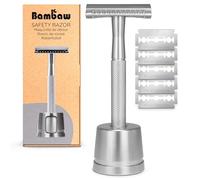 Bambaw Rasoio Sicurezza Uomo con Porta Rasoio di Sicurezza e 5 Lamette in Acciaio Inox Svedese, Realizzato in Metallo, Rasatura Tradizionale Accurata e Profonda, Sicuro e Facile da Usare (Argento)