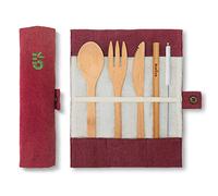 Bambaw Set posate in bambù | Legno | Kit posate ecologico | Coltello, forchetta, cucchiaio e paglia | Posate da viaggio | Da campeggio con custodia | Vino