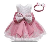 Bambina Abiti da Battesimoin Pizzo Abito Nodo a Fiocco Principessa Festa Abito con Copricapo Bimba Formale Matrimonio Compleanno Abiti da Ballo Abiti da Sposa per Bambini Rosa 9-12 Mesi