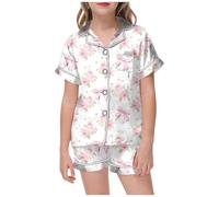 Bambina Pigiama Set da Salotto Morbido a Maniche Corte Biancheria Notte per Bambini 2 Pezzi Completo in Raso Button Down Ragazza Solido Loungewear Abbottonato Seta