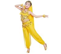 Bambini Costume Da Ballerina Set 5 Pezzi: Top, Pantaloni, Cintura, veIo e bracciali Bambina Vestito Da Danza Del Ventre Per Bambina Con Paillettes Abito Ballo Arabo Principessa (Yellow, 7-8 Years)
