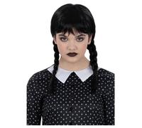 Bambini Gotico Scolaretta Parrucca Ragazze Costume Halloween Nero Pieghe Trecce
