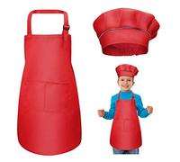 Bambini Grembiule e Cappello da Cuoco Set, Regolabile Bambino Grembiule da Cucina con 2 Tasche per Ragazze Ragazzi, Grembiuli da Chef per Cucinare Cottura Pittura Artigianato (7-13 Anni) (Rosso)