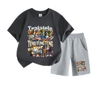 Bambini Manica Corta e Pantaloncini, Italiano brainrot Divertente Cartone Animato Stampa Tung Tung Tung Tung Estate Ragazzi Ragazze Sport Set,Grigio,130cm