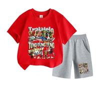 Bambini Manica Corta e Pantaloncini, Italiano brainrot Divertente Cartone Animato Stampa Tung Tung Tung Tung Estate Ragazzi Ragazze Sport Set,Rosso,150cm
