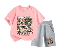 Bambini Manica Corta e Pantaloncini, Italiano brainrot Divertente Cartone Animato Stampa Tung Tung Tung Tung Estate Ragazzi Ragazze Sport Set,Rosa,120cm