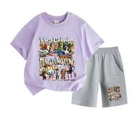 Bambini Manica Corta e Pantaloncini, Italiano brainrot Divertente Cartone Animato Stampa Tung Tung Tung Tung Estate Ragazzi Ragazze Sport Set,Viola,130cm