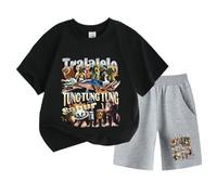 Bambini Manica Corta e Pantaloncini, Italiano brainrot Divertente Cartone Animato Stampa Tung Tung Tung Tung Estate Ragazzi Ragazze Sport Set,Nero,120cm
