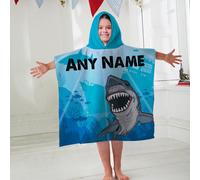 Bambini Personalizzato Cappuccio Asciugamano Poncho Blu Shark Accappatoio Nuoto