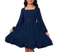 Bambini Ragazza Vestito Principessa Ragazza Carino Maniche Lunghe Tinta unita Abiti Pin Up da Sera A-Line per Festa Festa Casuale, Marina, 12-13 Anni