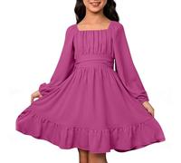 Bambini Ragazza Vestito Principessa Ragazza Carino Maniche Lunghe Tinta unita Abiti Pin Up da Sera A-Line per Festa Festa Casuale, Rosa, 12-13 Anni