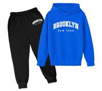 Bambini Ragazze 2 Pezzi Abiti Autunno Viaggio per Ragazze Con Cappuccio Brooklyn New York Atletica Bambini 2025 Set Tuta Inverno Autunno Set Felpa con Cappuccio Uscire Pantaloni della Tuta, Blu, 9-10