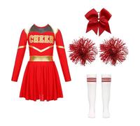 Bambini Ragazze Cheerleading Costumi Uniforme Maniche Lunghe Vestito Da Ballo Con Fiori A Mano Copricapo Calzini A Righe for Esibizione Sul Palco(B Red,12)