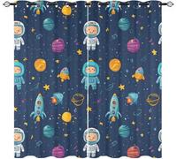 Bambini Tende Oscuranti 2 Pannelli 140L x 260A cm Blu Scuro Tende Occhielli Poliestere Termico e Riduzione del Rumore, Cartone Animato Astronauta Razzo per Camera da Letto e Soggiorno Decorare