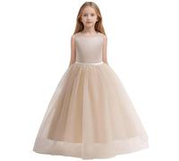 Bambino Abito Principessa Sera Matrimonio Cerimonia Ragazza Bretelle Abito da Damigella d'onore Fiore Fuori Spalle Scoperte Corpetto a Vita Alta, beige, 7-8 Anni