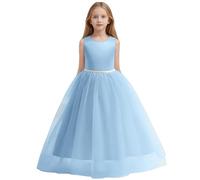 Bambino Abito Principessa Sera Matrimonio Cerimonia Ragazza Bretelle Abito da Damigella d'onore Fiore Fuori Spalle Scoperte Corpetto a Vita Alta, Blu 2, 7-8 Anni