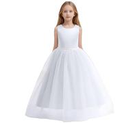 Bambino Abito Principessa Sera Matrimonio Cerimonia Ragazza Bretelle Abito da Damigella d'onore Fiore Fuori Spalle Scoperte Corpetto a Vita Alta, bianco, 6-7 Anni