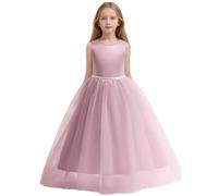 Bambino Abito Principessa Sera Matrimonio Cerimonia Ragazza Bretelle Abito da Damigella d'onore Fiore Fuori Spalle Scoperte Corpetto a Vita Alta, Rosa chiaro, 7-8 Anni