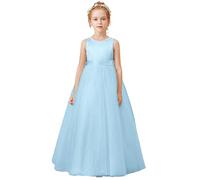 Bambino Abito Principessa Sera Matrimonio Cerimonia Ragazza Bretelle Abito da Damigella d'onore Fiore Fuori Spalle Scoperte Corpetto a Vita Alta, Blu Cielo 3, 11-12 Anni