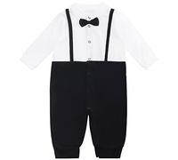 Bambino Cotone Pagliaccetto Manica Lunga Piccolo Gentiluomo "Fake Two Pieces" Abito Colletto Della Camicia con Papillon Bretelle Chiusura a Bottoni un Pezzo Outfit - Bianco Nero Taglia 6M