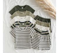 Bambino Maschio, Set da 10 pezzi per l'estate, composto da maglietta a maniche corte a girocollo in maglia a nido d'ape a righe, abbinata a pantaloncini, con vari schemi di colore come marrone caramel