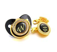Bambino Nero Ciuccio Nome Iniziali Lettera Bling Di Lusso Dummy Succhietto con La Catena Clip per 0-18M, Ciucci per Bambini e Accessori