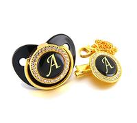 Bambino Nero Ciuccio Nome Iniziali Lettera Bling Di Lusso Dummy Succhietto con La Catena Clip per 0-18M, Ciucci per Bambini e Accessori