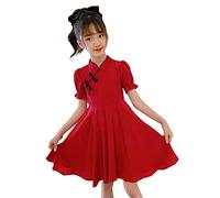 Bambino Ragazza Breve Bolla Maniche Patchwork Solido Cheongsam Principessa Abito Abiti Leggings Con Ragazza, Colore: rosso, 8-10 Jahre