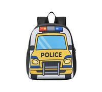 bambino ragazzo zaino giallo e blu polizia auto vista frontale