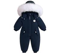 Bambino Tuta da Neve Pagliaccetto Bambini Ragazzi Tuta da Sci Inverno Caldo Nevicare Vello Giacca Impermeabile Abito Rimovibile Collo di Pelliccia Antivento Abiti Blu 12-18 Mesi