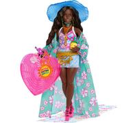 Bambola Barbie Extra Fly con abiti e accessori da viaggio a tema spiaggia, copricostume tropicale con cappello e borsa oversize