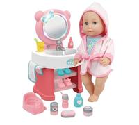 Bambola che Beve e Fa Pipì Parlante con Specchiera Luminosa Sonora Lavandino con Acqua Funzionante Accessori Bagno Vasino Toilette Musica 10 Suoni Gabinetto Bambolotto cm 35 con Specchiera Deluxe