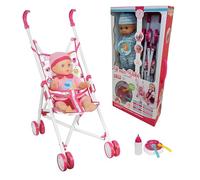Bambola con Passeggino Bambola Beve Fa Pipì Parlante Parla Ride Chiama Mamma Papà Ride Piange Fa i Capricci Gorgheggia come un Bambino Vero con Biberon Set Pappa Bambolotto Parlante Passeggino Metallo