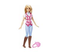 Barbie malibu, bambola bionda con outifit e accessori da equitazione inclusi