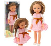 Bambola Pretty Girl in abito rosa con fiocco e lunghi capelli castani