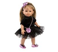 Llorens 1053553 - Bambola Lucy, con occhi azzurri e capelli biondi, con corpo morbido, con abito glitterato nero e cerchietto per capelli, 35 cm