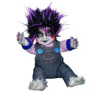Bambola seduta con viso incandescente e suoni terrificanti e attivazione vocale per esposizione del portico del cortile decorazioni bambola fantasma animatronic