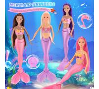 Bambola sirena con fantasia colorata acconciatura e copricapo, caratterizzata da un corsetto a forma di stella marina e una morbida coda da sirena rosa, adatta come regalo di compleanno per ragazze di