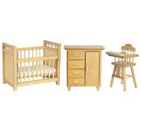 Bambole Casa Arredamento Cameretta Set Rovere Chiaro Seggiolone,Culla E Bambino