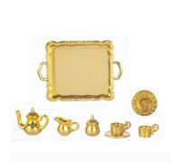 Bambole Casa Dorato Tè Caffè da Portata Set On Vassoio Sala Pranzo Seduto Stanza