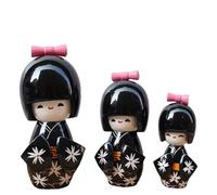 Bambole Kokeshi giapponesi fatte a mano, in legno, in kimono, per la decorazione della casa e regalo, set di 3 (nero)