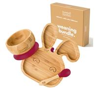 bamboo bamboo Piatto Baby & Ciotola Svezzamento Set, Ventosa per Pappa e Svezzamento, Piatto Coniglio Bamboo, Ciotola Toddler & Cucchiaio Baby, Piatti per Bambini da 6 Mesi (Coniglio, Ciliegia)