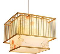 Bamboo Lights Kitchen Island Hand Woven Rattan Pendant Lighting Fixtures Natural Wicker Chandelier Square Basket Cage Rustic Hanging Lamp for Dining Room Bedroom Farmhouse