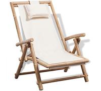 Bamboo Wood Outdoor Reclining Chair with Adjustable Backrest, Foldable Patio Sun Lounger for Garden Poolside, White Fabric with Cushion, Weather-Resistant & Space-Saving Design Supports 110kg