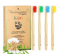 BAMBOOGALOO Spazzolini da denti per bambini in bambù | Biologico ed ecologico | 4 pezzi | Batuffoli di cotone di bambù gratuiti | Spazzolino da denti in legno naturale per bambini | Setole morbide