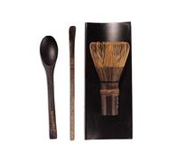BambooMN Brand - 1 set - Black Chasen (Tea Whisk) + BLack Tray + Black Chashaku (Hooked Bamboo Scoop) per preparare Matcha + Black Tea Spoon by BambooMN
