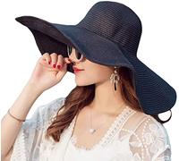 Bamboopack Cappello da sole estivo da donna, con tesa larga, cappello da sole estivo da spiaggia, in paglia floscio, grande cappello a tesa larga, per le vacanze, viaggi, colore: nero