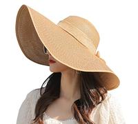 Bamboopack Cappello di paglia da donna a tesa larga, protezione solare, estivo, pieghevole, con fiocco, UPF 50+, colore: cachi
